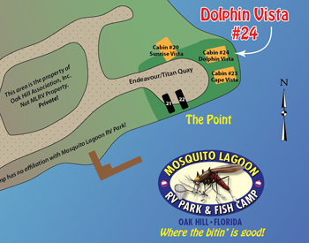 Cape Vista rental cabin map at Mosquito Lagoon RV Park.
